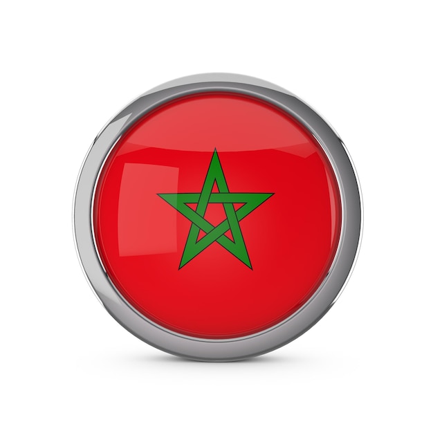 Morocco national flag in a glossy circle shape with chrome frame 3D Rendering