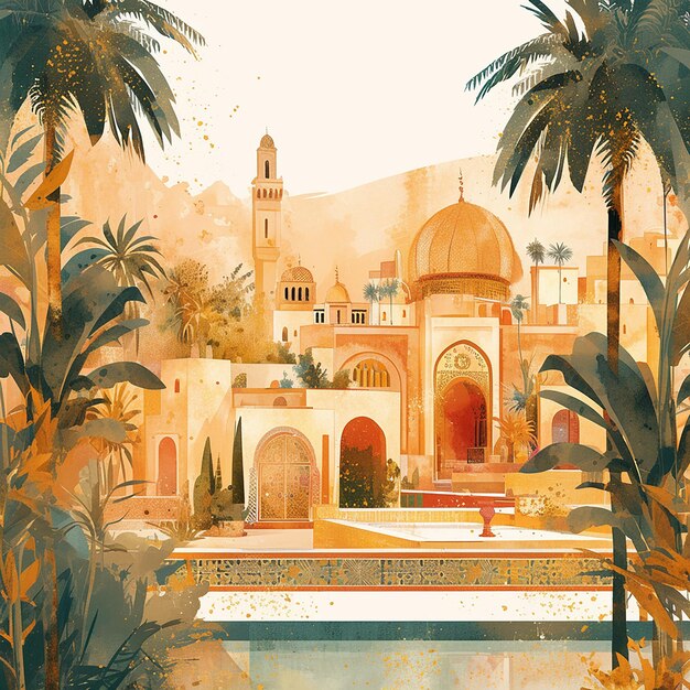 Morocco A painting of a city with a large building in the center The building has a dome on top and is surrounded by palm trees The painting has a warm tropical feel to it