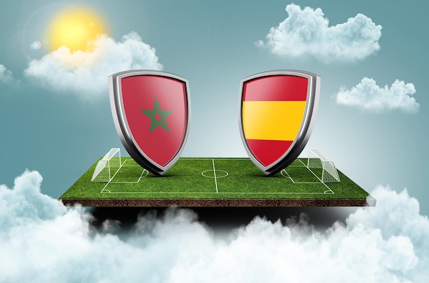 Morocco vs spain versus screen banner soccer concept football\
field stadium 3d illustration