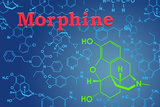 Morphine Chemical formula molecular structure 3D rendering