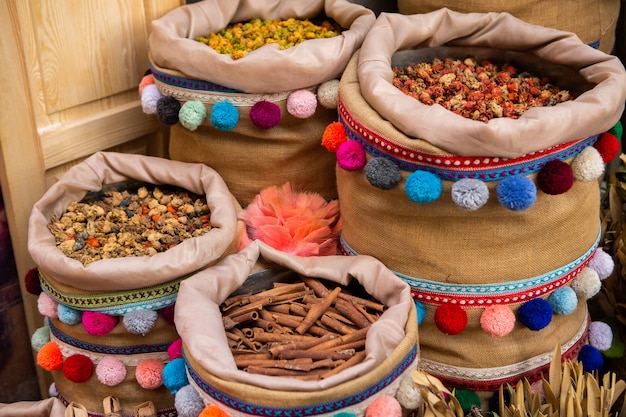 Morrocan local market on the streets with spices nuts fish fruits and vegetables