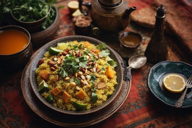 モロッコのパーティー料理 タジンサラダ クスクスとお茶 トップビュー アーク