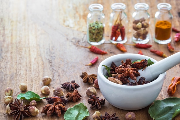 Mortar grinder and herb medicine on wood table