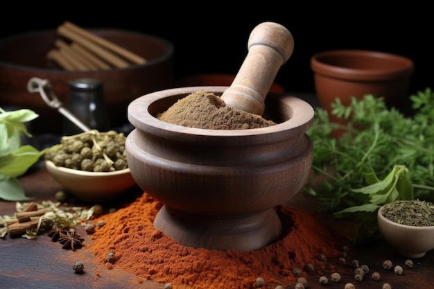 Mortar and pestle grinding spices for sauce