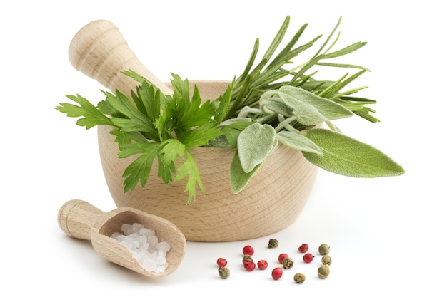 Photo mortar and pestle with herbs and spices