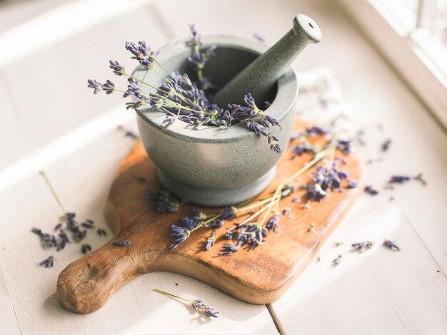 Photo mortar and pestle with lavender on a wooden background