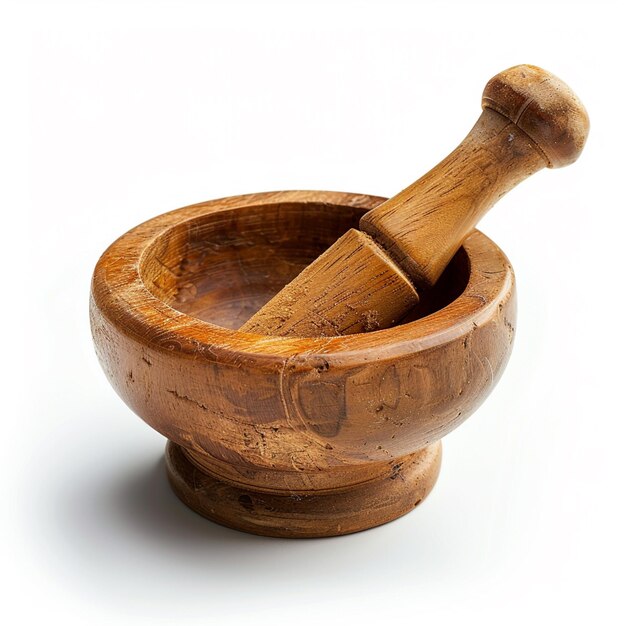 mortar and pestor in wooden bowl on white surface with wooden pestor generative ai