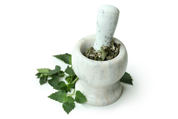 Mortar with nettle on white background, close up