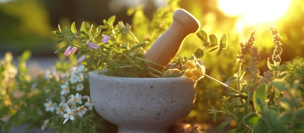 Mortar with pestle medical plant and sunshine