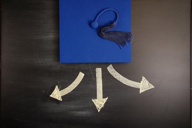 Photo mortarboard and chalk drawing on blackboard with three arrow -3 direction for you to decide