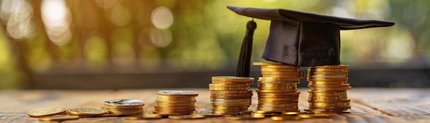 A mortarboard graduation cap sits atop increasing stacks of gold coins