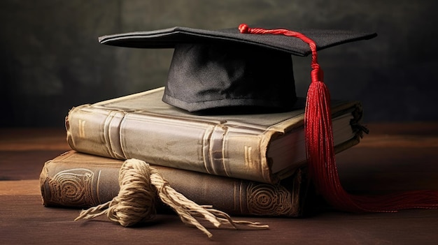 A mortarboard and graduation scroll tied with red ribbon on a stack of old battered book with empty space to the left Generative Ai