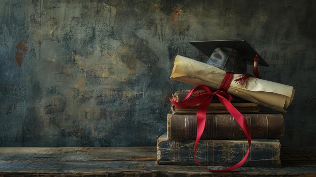 Мортарная доска и выпускной свиток, привязанные красной лентой на стопке старых измотанных книг с пустым пространством слева, слегка не насыщенные виньеткой для винтажного эффекта