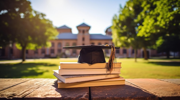 A mortarboard and graduation scroll on top of the books on university lawn