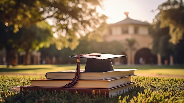 A mortarboard and graduation scroll on top of the books on university lawn