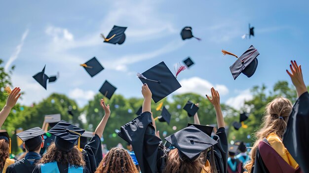 Mortarboards fly through the air in celebration of a commencement ceremony