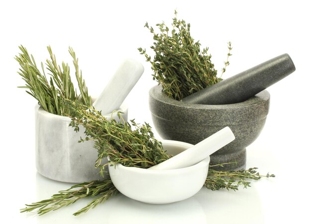 Photo mortars with fresh green thyme and rosemary isolated on white