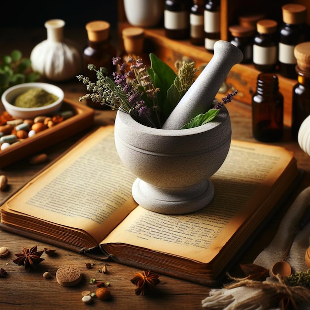 Mortel en pestel met farmaceutische preparaten boek en kruiden op een houten apotheker tafel