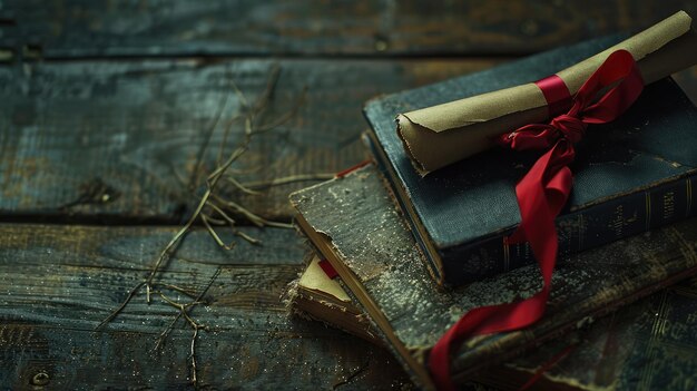 Foto mortelbord en afstudeerrol gebonden met rood lint op een stapel oude gebroken boek met lege ruimte aan de linkerkant iets onderverzadigd met vignette voor vintage effect