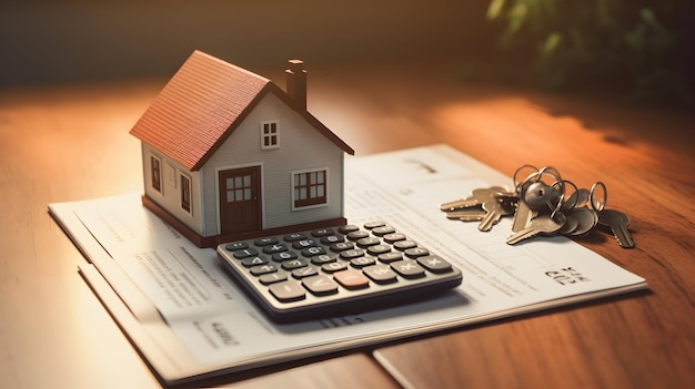 Photo mortgage calculator and keys on a wooden desk