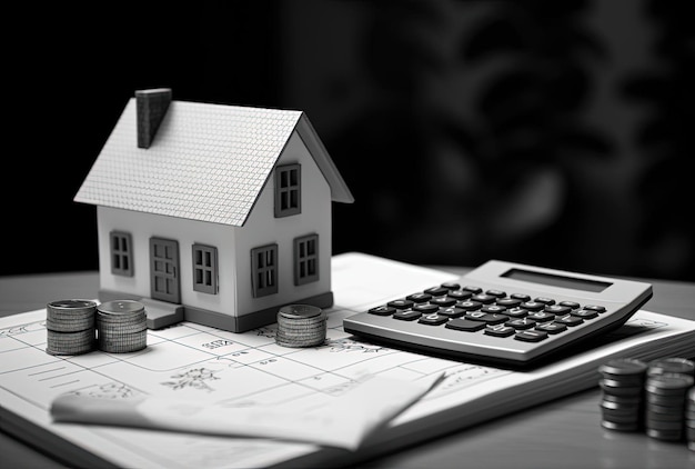 mortgage calculator with pen and house in table in the style of minimalist backgrounds