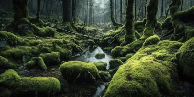 Mos bos diep in een mos mistig bos Groen tapijt