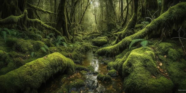 Mos bos diep in een mos mistig bos Groen tapijt