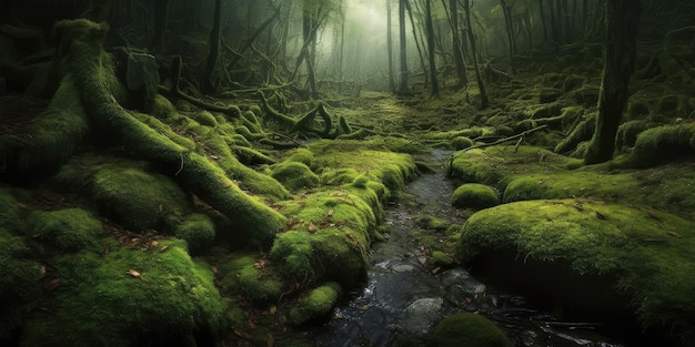 Mos bos diep in een mos mistig bos Groen tapijt