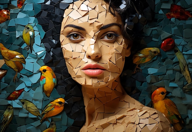 Mosaic Art of a beautiful girl face portrait made by hundreds of stone blocks