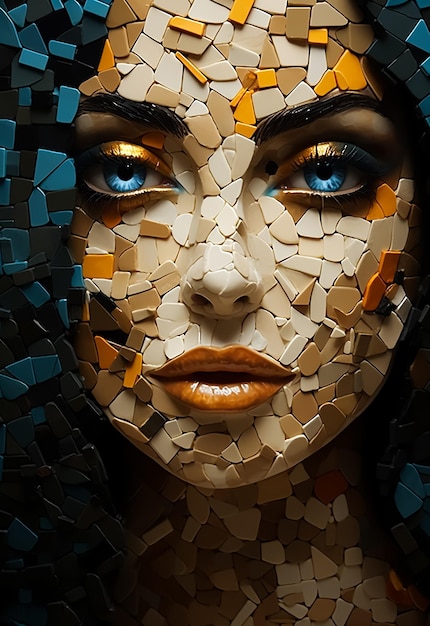 Mosaic Art of a beautiful girl face portrait made by hundreds of stone blocks