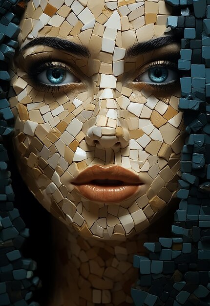 Mosaic Art of a beautiful girl face portrait made by hundreds of stone blocks