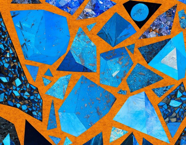 A mosaic of blue and black triangles with the words 