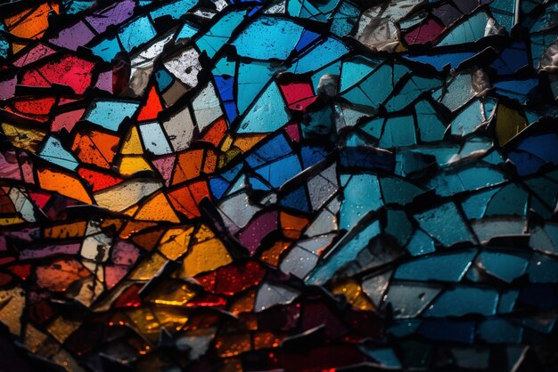 A mosaic of broken glass is shown with a blue background generative ai