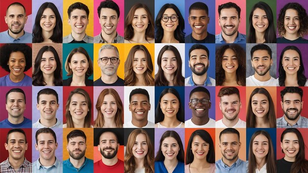Мозаика близких фотографий улыбающихся молодых людей разных национальностей