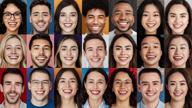 Мозаика близких фотографий улыбающихся молодых людей разных национальностей