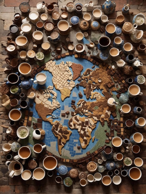 Foto mosaico di tazzine da caffè che celebra la diversità globale generato dall'intelligenza artificiale