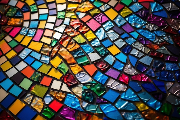 A mosaic of colorful glass tiles with the letter e in the middle.