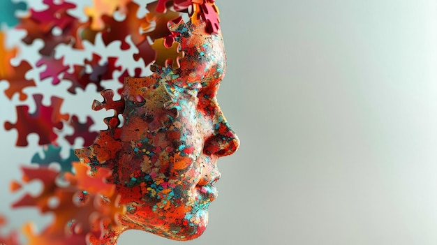 A mosaic of colorful puzzle pieces intricately create the features of a womans face showcasing a unique and creative artwork