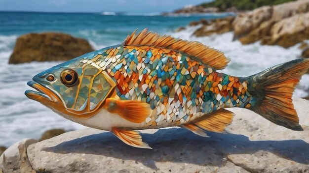 A mosaic of a fish on a white rock