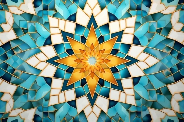 a mosaic of a flower pattern with yellow and blue tiles