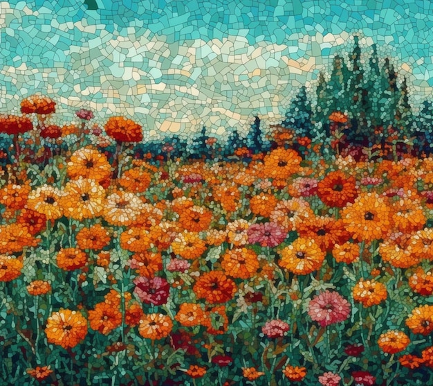 A mosaic of flowers in a field with a blue sky in the background.