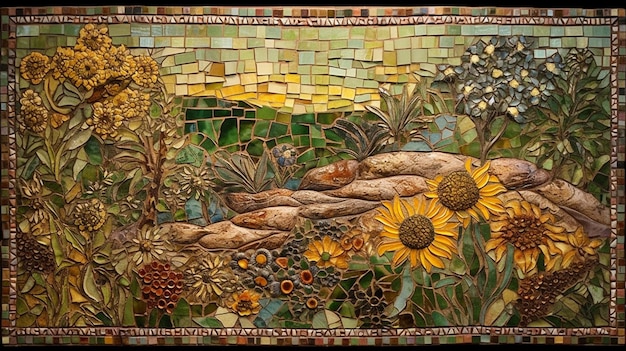 A mosaic of flowers and sunflowers is displayed in a frame.