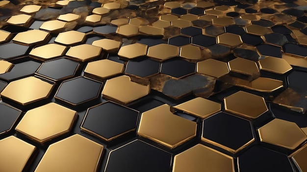 Photo mosaic geometric golden background with carbon fiber or hexagons with gold waters and colored inks