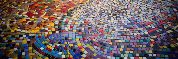 A mosaic of multicolored tiles on a floor