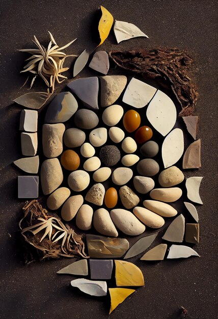 A mosaic of pebbles and starfish is displayed on a table.