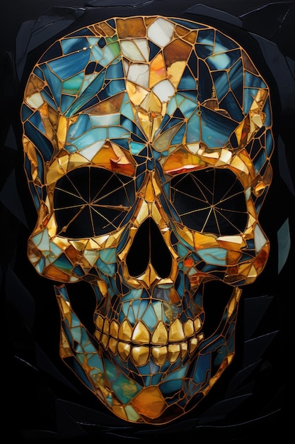 A mosaic skull is shown on a black background
