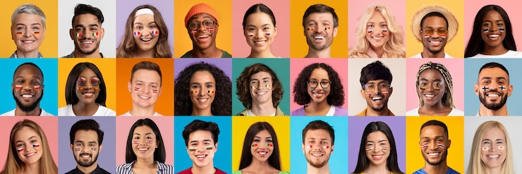Photo mosaic of sport supporters happy multiracial men and women faces
