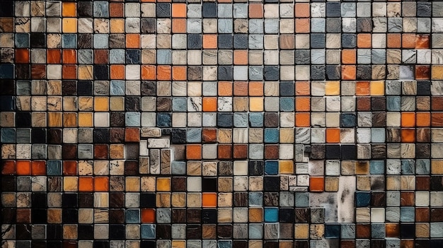 A mosaic tile wall with a black and orange background.