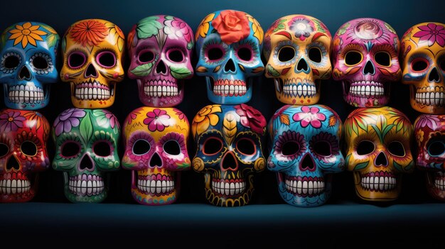 a mosaic of vibrant sugar skulls forming a captivating pattern