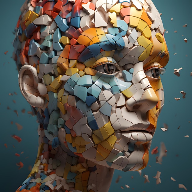 A mosaic of a woman's face is surrounded by broken pieces.